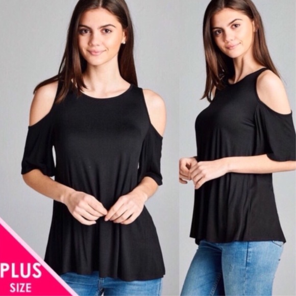 Tops - Plus Size Black Cold Shoulder 3/4 Sleeve Tee Tops - Plus Size Black Cold Shoulder 3/4 Sleeve Tee